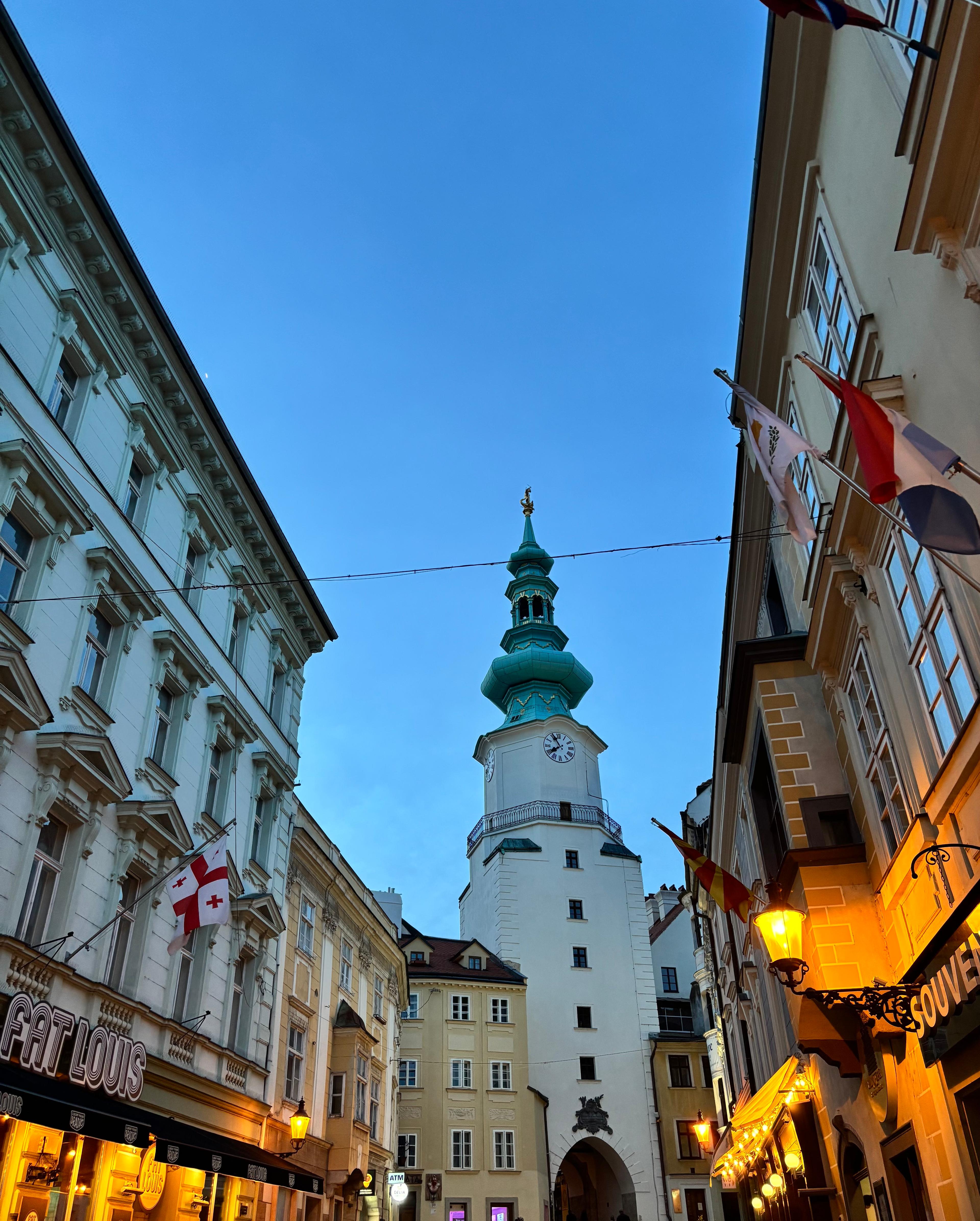 Michael's Gate tower at blue hour in Bratislava Old Town